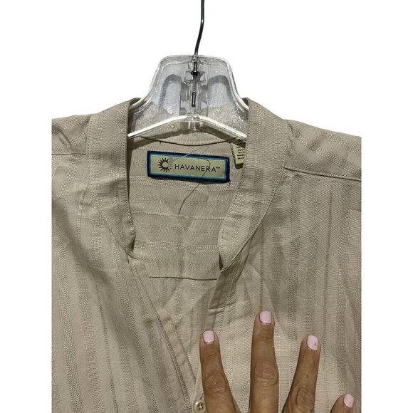 Havanera Men's Button Down Shirt Deep V Neck Stripes Cream Tan Size Medium - Picture 5 of 5